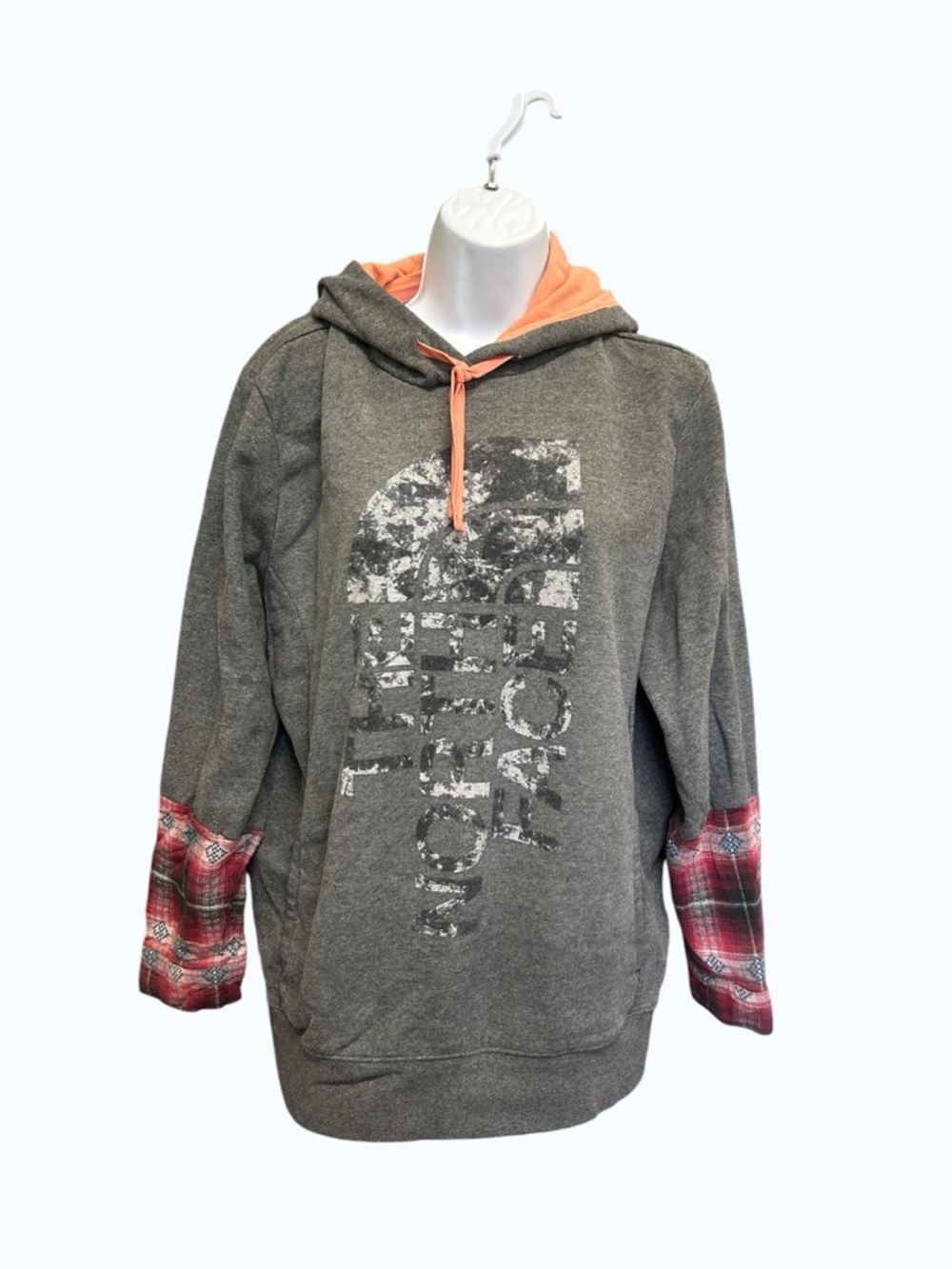 The North Face Distressed Logo Hoodie Upcycled Plaid Trim XL